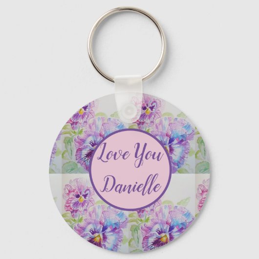 Love You Name Purple Pansy Watercolour Key Ring キーホルダー (正面)