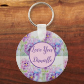 Love You Name Purple Pansy Watercolour Key Ring キーホルダー (正面)