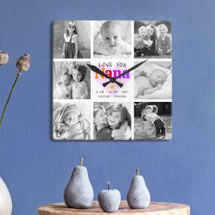 Love You Nana カラフルはっきりしたモダン 8 Photo Collage スクエア壁時計