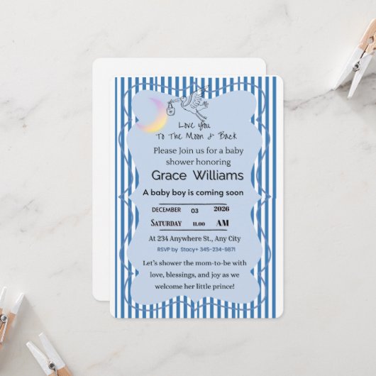 Love You to the Moon and Back Baby Boy Shower 招待状 (正面/裏面インサイチュ)