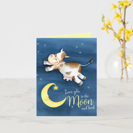 Love you to the moon cow baby shower thank you カード (黄色い花)