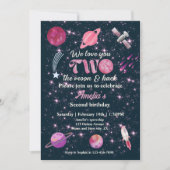 Love You Two The Moon Girls Pink 2nd Birthday 招待状 (正面)