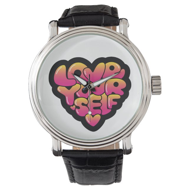 Love Yourself タイポグラフィーハートステッカー 腕時計 (正面)