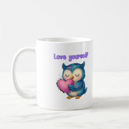 Love Yourself - Cute Owl Mug for Positive & 気に コーヒーマグカップ (左)