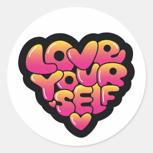 Love Yourself Typography Heart Sticker  ラウンドシール (正面)