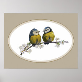 Lovebirds sitting on a cherry blossom branch beige ポスター