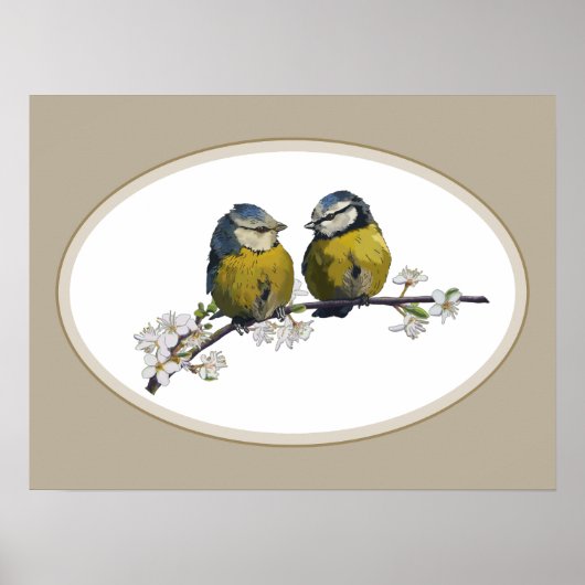 Lovebirds sitting on a cherry blossom branch beige ポスター (正面)