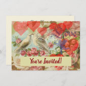 Lovebirds Vintage Antique Heart 招待状 (正面/裏面)