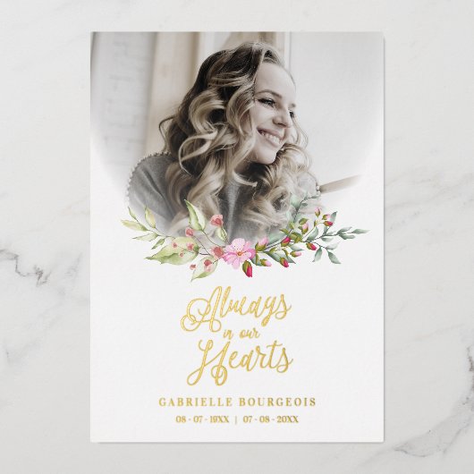 Loved One Woman In Memoriam Funeral Pink Wreath 箔招待状 (正面)