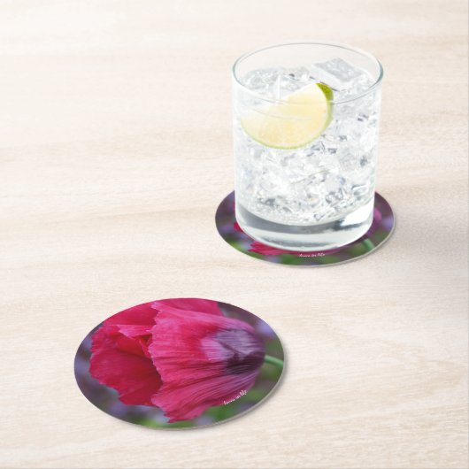  lovelyピンク＆パープルのポピー ラウンドペーパーコースター (インサイチュ)