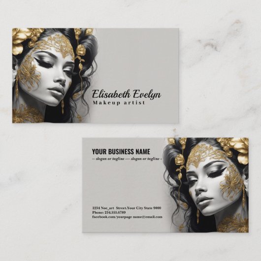 Lovely 690でギラギラしたシルバーと金ゴールドの花模様 名刺 (正面/裏面)