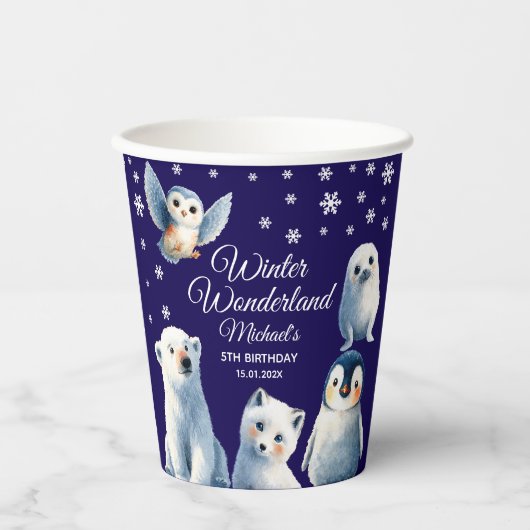 Lovely Arctic Animals Blue Winter Kids' Birthday 紙コップ (正面)