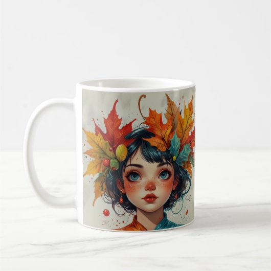 Lovely Autumn Girl with Fall Leaves コーヒーマグカップ (左)
