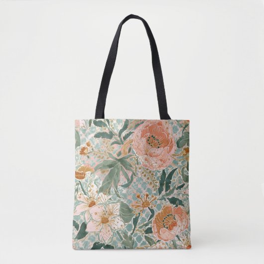 Lovely Blooming Peach Flowers and Leaves, Pattern トートバッグ (正面)
