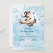 Lovely blue and gold aviator bear baby shower  招待状 (正面)