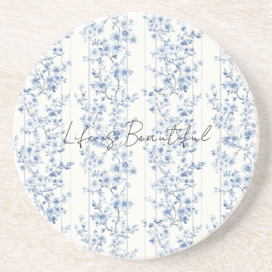 Lovely Blue and White Floral Stripe Pattern コースター (正面)