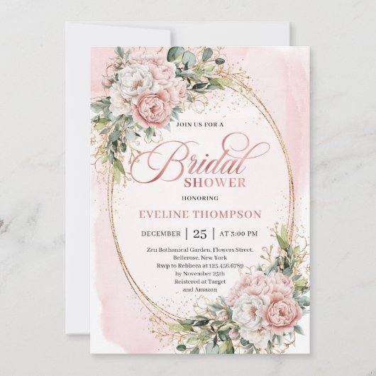 Lovely Blush Pink Greenery Bridal Shower Invites 招待状 (正面)