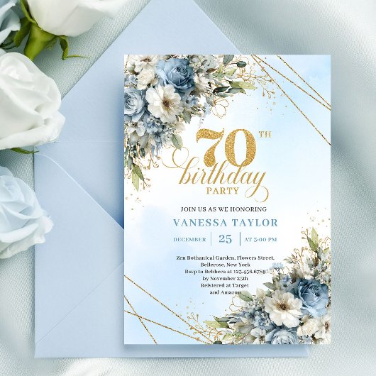 Lovely bohemian blue florals gold frame 70th bday 招待状