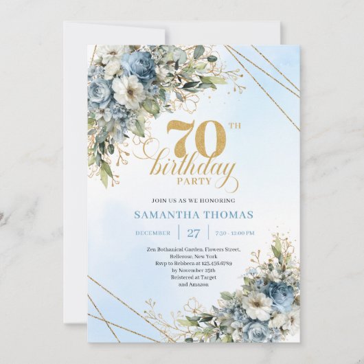 Lovely bohemian blue florals gold frame 70th bday 招待状 (正面)