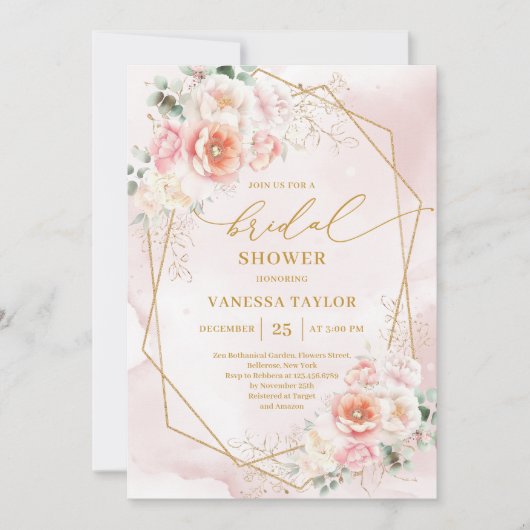 Lovely Boho Blush Gold Frame Roses Bridal Shower  招待状 (正面)
