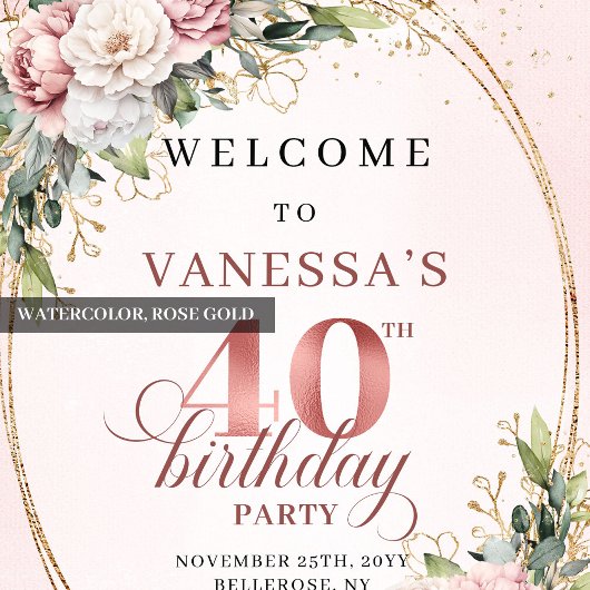 Lovely boho blush pink flowers 40 birthday welcome ポスター