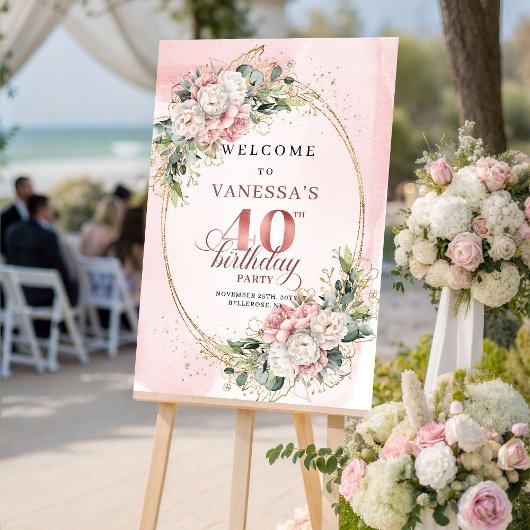 Lovely Boho Dusty Pink Greenery 40th Birthday   ポスター