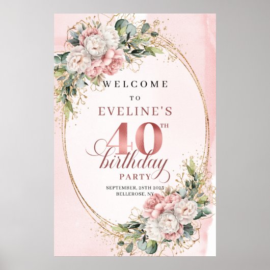Lovely Boho Dusty Pink Greenery 40th Birthday   ポスター (正面)