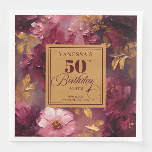 Lovely Boho Maroon Blush Gold 50th Birthday Napkin (正面)
