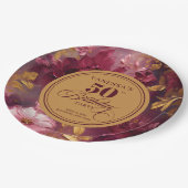 Lovely Boho Maroon Blush Gold 50th Birthday Plate ペーパープレート (アングル)