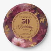 Lovely Boho Maroon Blush Gold 50th Birthday Plate ペーパープレート (正面)