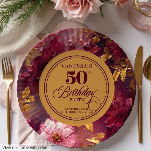 Lovely Boho Maroon Blush Gold 50th Birthday Plate ペーパープレート