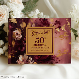 Lovely Boho Maroon Blush Gold Floral 50th Birthday ゲストブック