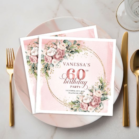 Lovely Boho Rose Gold Floral 60th Birthday Napkins スタンダードカクテルナプキン