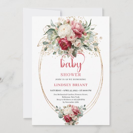Lovely Boho Ruby Red Blush Eucalyptus Floral Baby  招待状 (正面)