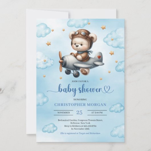 Lovely Boy Shower Invitation Teddy Bear Pilot Blue 招待状 (正面)