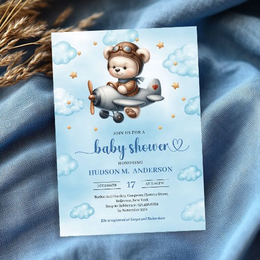 Lovely Boy Shower Invitation Teddy Bear Pilot Blue 招待状