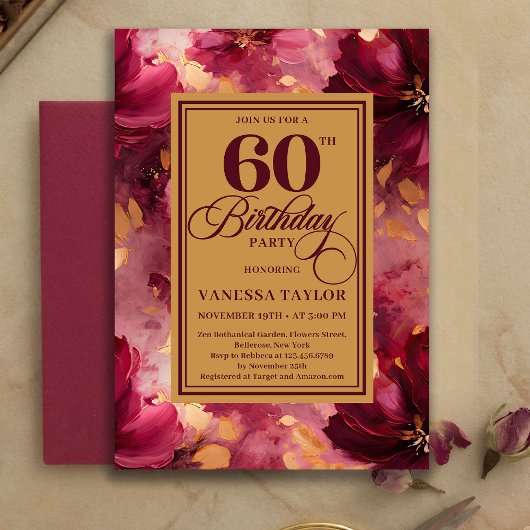 Lovely Burgundy Blush Gold Style 60th Birthday   招待状