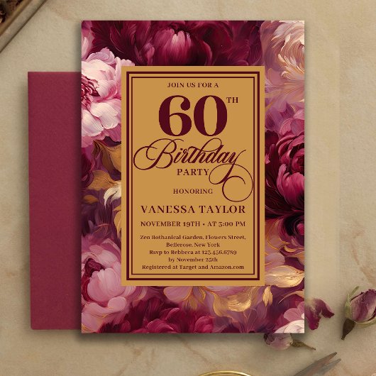 Lovely Burgundy Blush Gold Style 60th Birthday   招待状