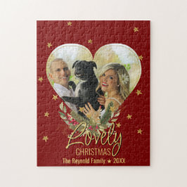 Lovely Christmas Photo Heart Gold Glitter Star Red ジグソーパズル