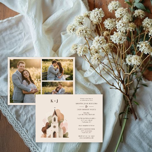 Lovely Church Watercolor 3-Photo Collage Wedding 招待状