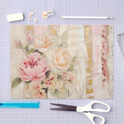 Lovely Collage of Painted Florals on Paper Layers 薄葉紙 (クラフト)