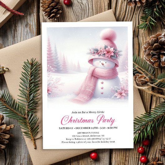 Lovely Coquette Pink Snowman Kids Christmas Invite 招待状