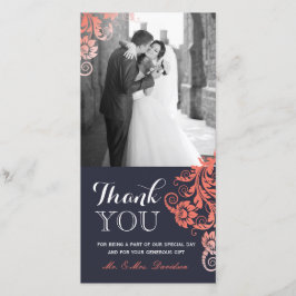 Lovely Coral and Blue Thank You Photo Card (4x8) サンキューカード