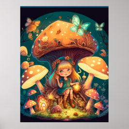 Lovely cute elves play under mushrooms    ポスター