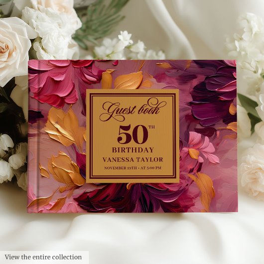 Lovely Dark Red Blush Gold Floral 50th Birthday ゲストブック