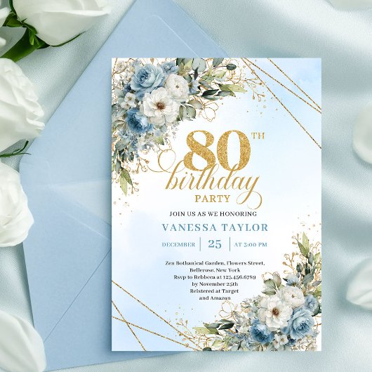 Lovely Dusty Blue Floral Gold 80th Birthday Invite 招待状