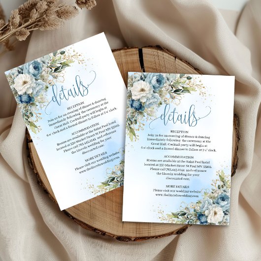 Lovely Dusty Blue Floral Gold Wedding Info Card 出欠カード
