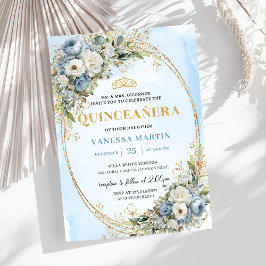 Lovely Dusty Blue Gold Greenery Quinceañera Invite 招待状