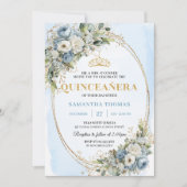 Lovely Dusty Blue Gold Greenery Quinceañera Invite 招待状 (正面)