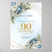 Lovely dusty blue watercolor florals 90th birthday ポスター (正面)